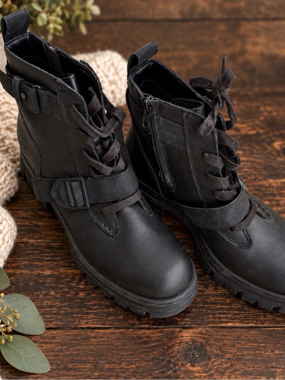 UGG Black Lace-Up Combat Boots with Buckle Detail